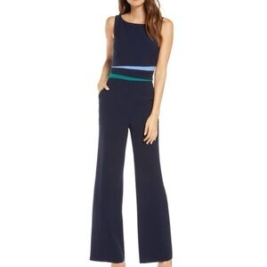 Vince Camuto Crepe Colorblock Jumpsuit Sz 2 Navy Blue Sleeveless Wide Leg Retro